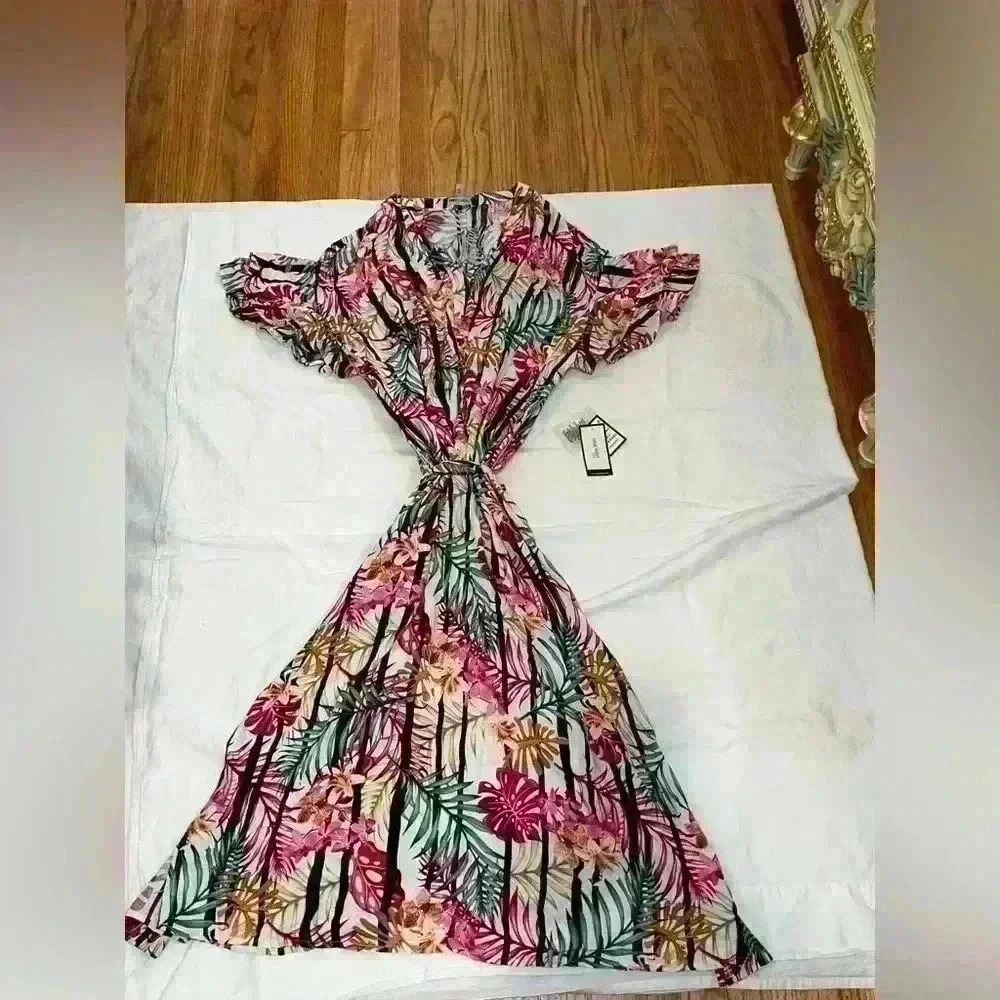 NWT Nine West Floral Stripes Ruffle Sleeves Dress Size 14 - Picture 5 of 10